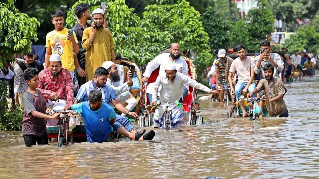 বৃহস্পতিবার রাতের বৃষ্টিতে ডুবেছে নিউমার্কেট এলাকার সড়ক। ছবি : কালবেলা