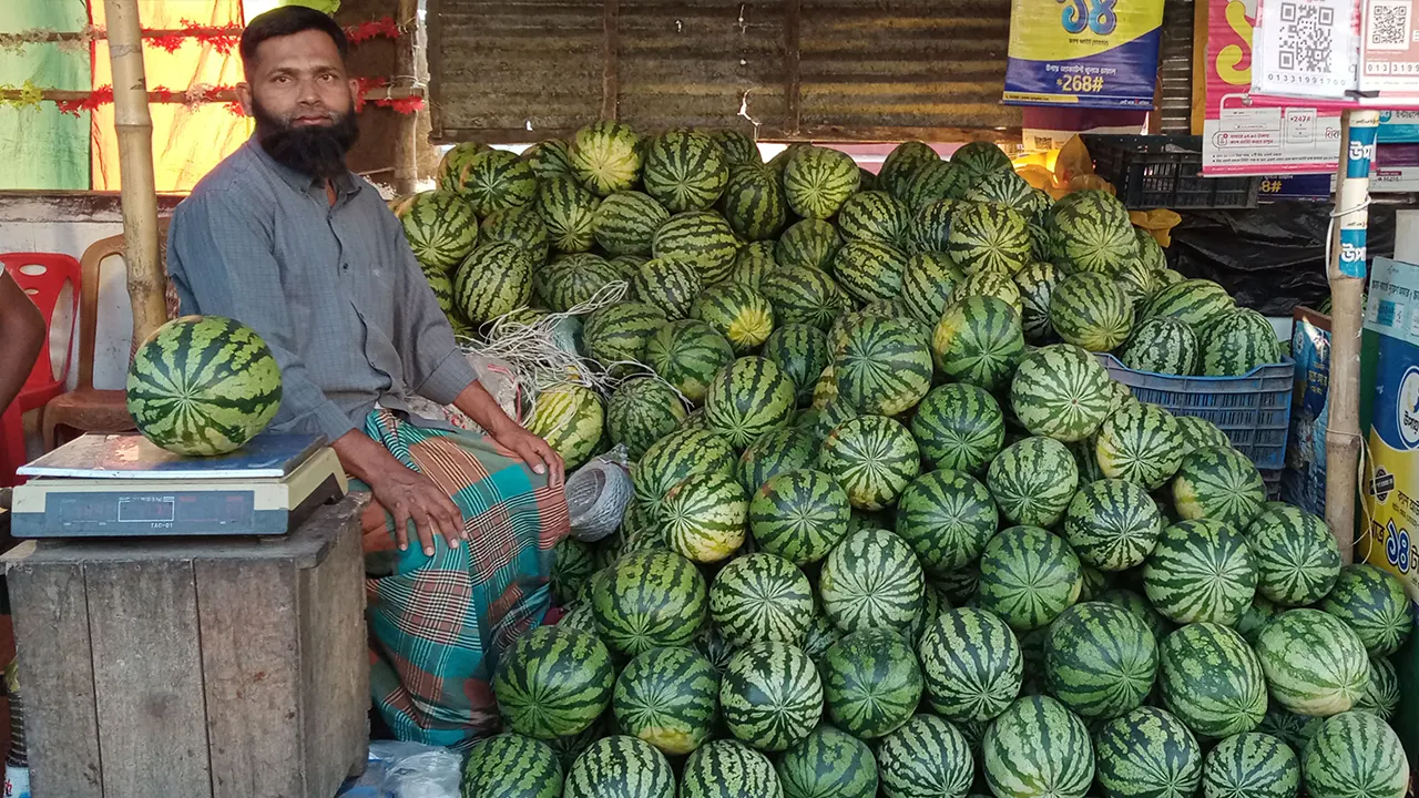 ক্রেতাশূন্য তরমুজের বাজার, অলস সময় পার করছেন তরমুজ বিক্রেতারা। দিনাজপুরের পার্বতীপুর থেকে ছবিটি তুলেছেন মিলন পারভেজ।