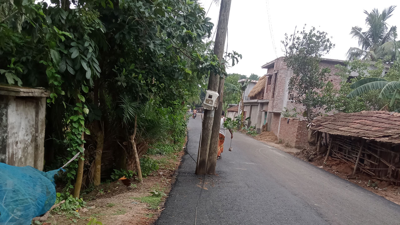 বিদ্যুতের খুঁটি রেখে কলারোয়া-খোরদো সড়কে কার্পেটিংকাজ সম্পন্ন করা হয়েছে। ছবি : কালবেলা