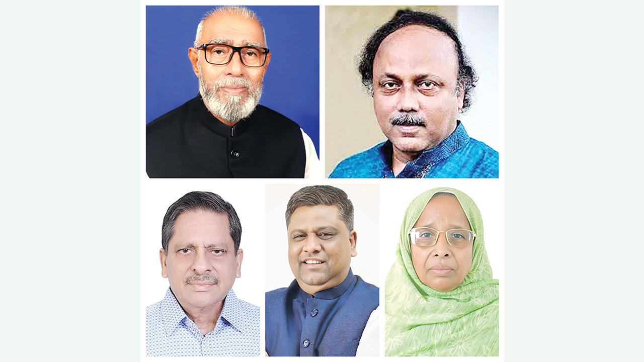 তালুকদার আব্দুল খালেক (উপরের বামে), খায়রুজ্জামান লিটন (উপরের ডানে), খোকন সেরনিয়াবাত (নিচের বামে), আনোয়ারুজ্জামান চৌধুরী (নিচের মাঝে), জায়েদা খাতুন (নিচের ডানে)))