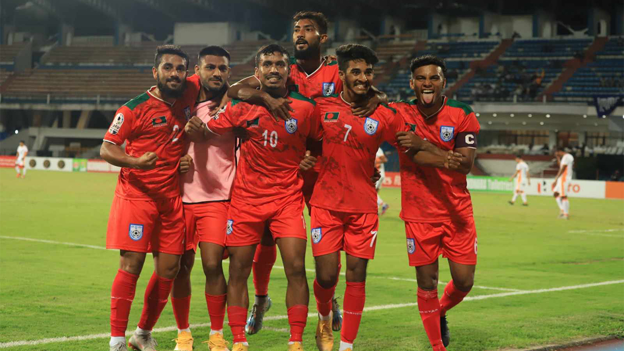ভুটানের বিপক্ষে গোলের পর বাংলাদেশ দলের উল্লাস। ছবি : সংগৃহীত