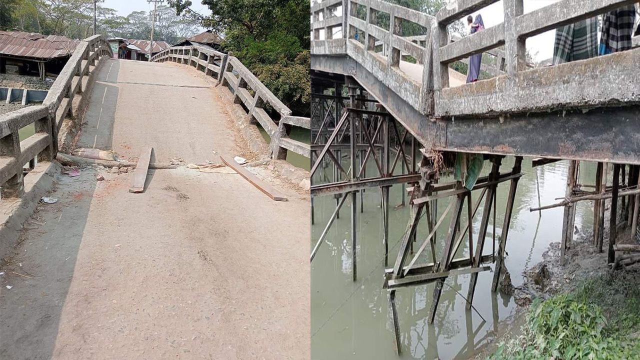 বাকেরগঞ্জের দুধল ইউনিয়নের সতরাজ বাজার সংলগ্ন মাদ্রাসা খালের ওপর নির্মিত ভেঙে পড়া সেতু। ছবি : কালবেলা