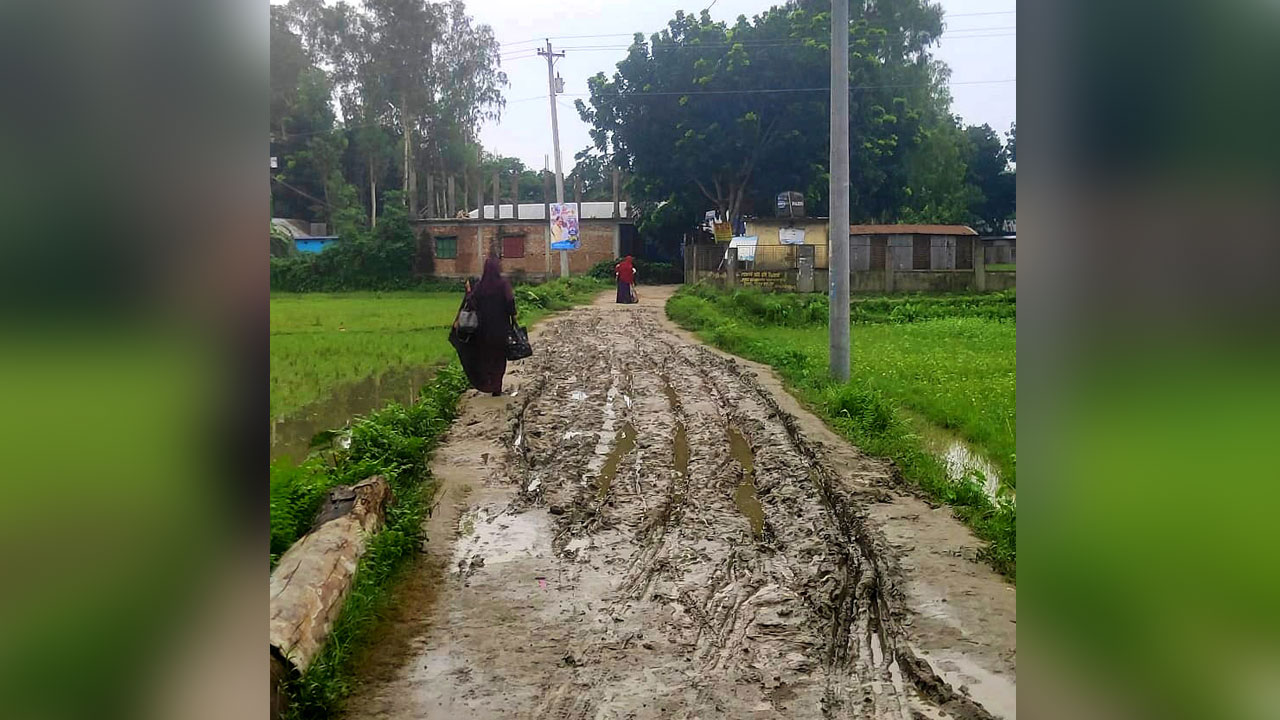 সিরাজগঞ্জের উল্লাপাড়ার দুই কিলোমিটার কাঁচা সড়কের বেহাল দশা। ছবি : কালবেলা