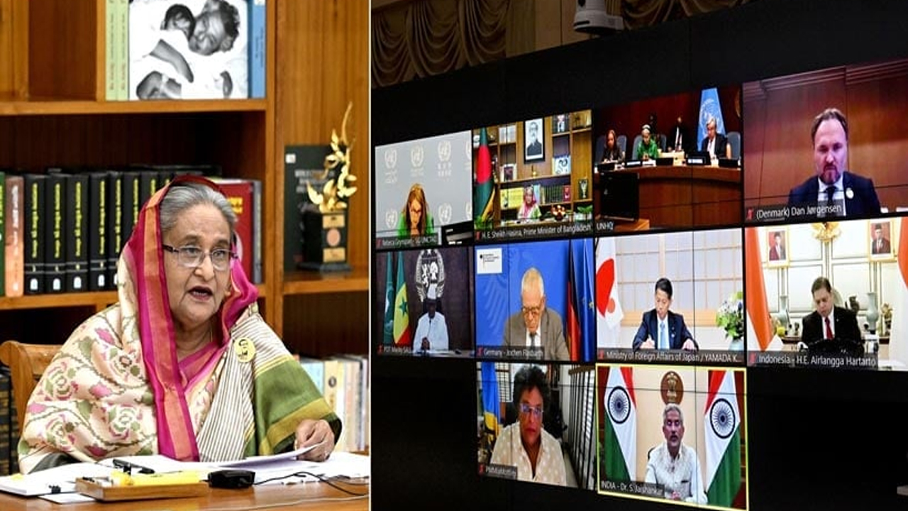 খাদ্য, জ্বালানি ও অর্থবিষয়ক গ্লোবাল ক্রাইসিস রেসপন্স গ্রুপের সভায় কথা বলছেন প্রধানমন্ত্রী শেখ হাসিনা। ছবি : বাসস
