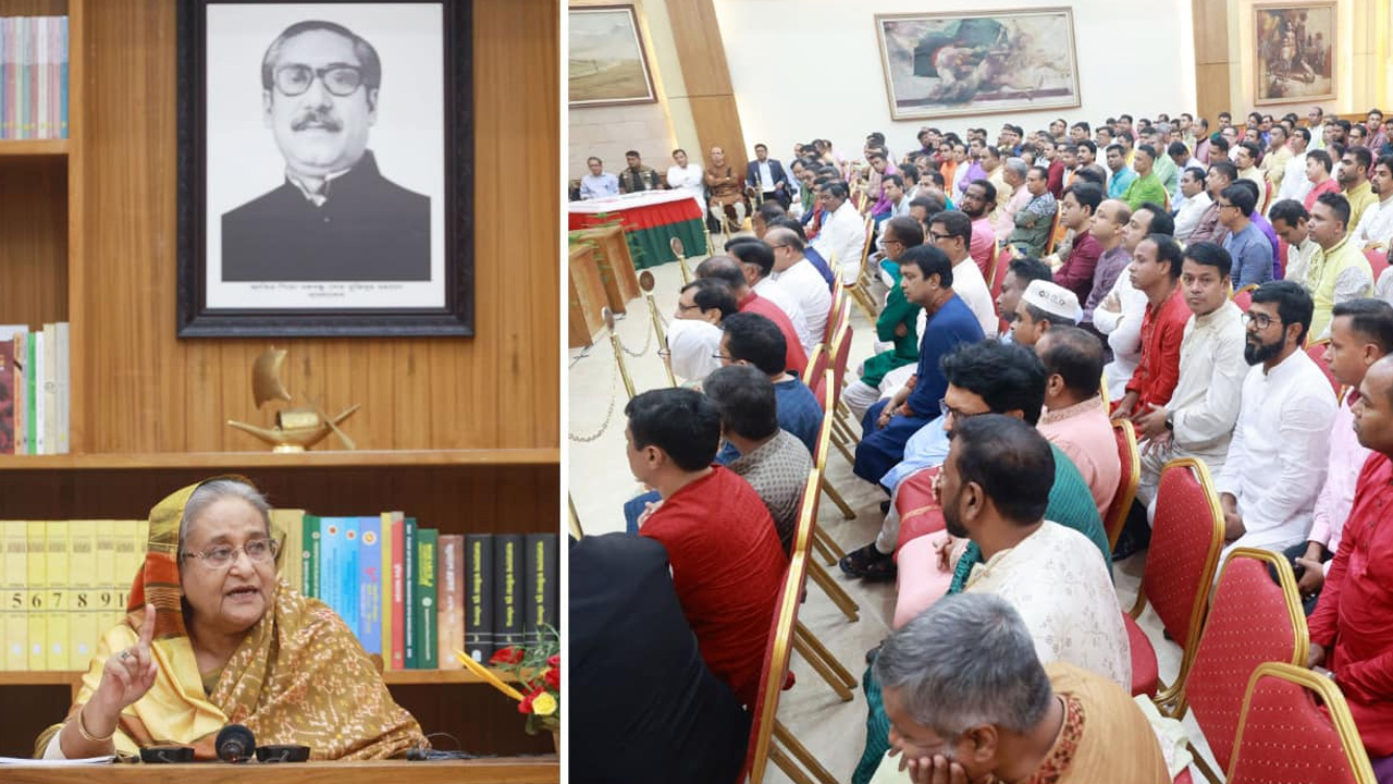 বৃহস্পতিবার গণভবনে স্বেচ্ছাসেবক লীগের প্রতিষ্ঠাবার্ষিকী উপলক্ষে আয়োজিত অনুষ্ঠানে বক্তব্য দেন প্রধানমন্ত্রী শেখ হাসিনা। ছবি: সংগৃহীত