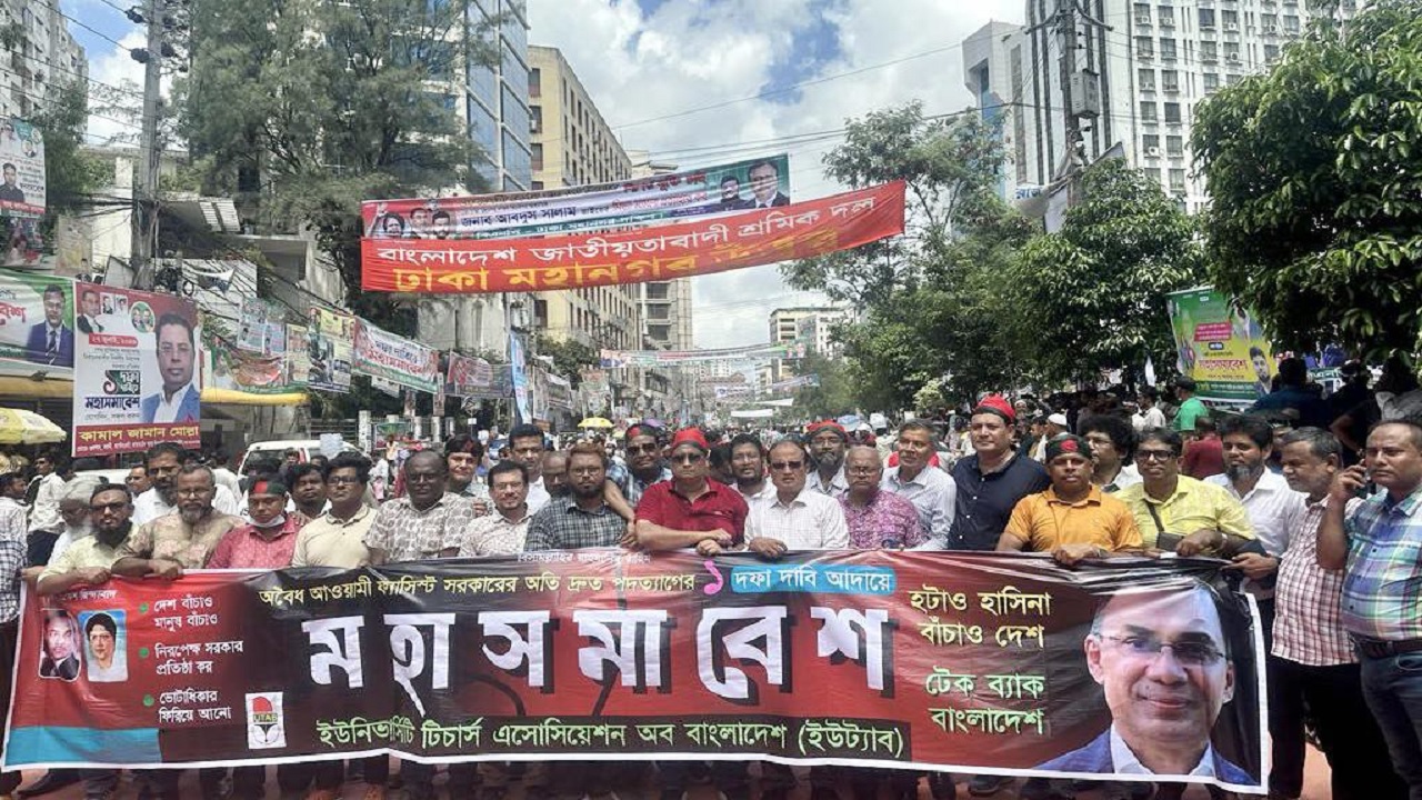 দুপুরে একাধিক পেশাজীবী সংগঠনের নেতাকর্মীরা পৃথকভাবে মিছিল নিয়ে নয়াপল্টনে বিএনপির মহাসমাবেশে যোগদান করেন। ছবি : কালবেলা