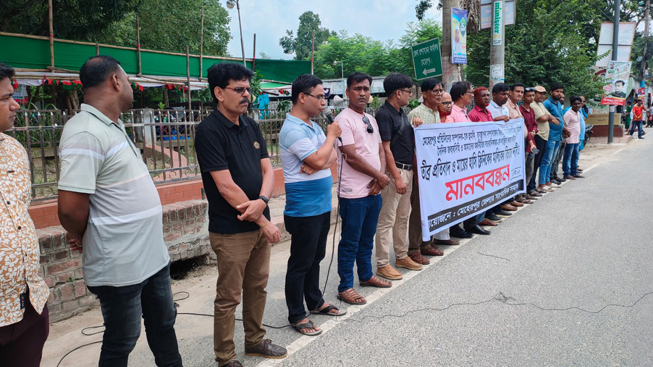 মেহেরপুরে সাংবাদিকদের মানববন্ধন। ছবি : কালবেলা