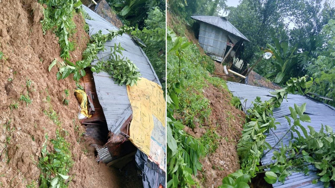 রাঙ্গুনিয়ায় টানা বর্ষণে পাহাড় ধসে ভেঙে পড়া বসতবাড়ি। ছবি : কালবেলা