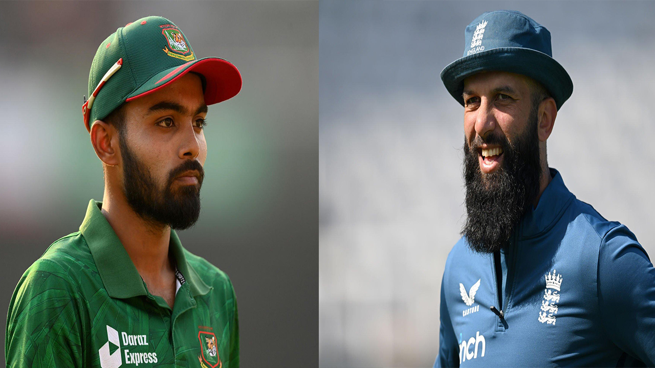 বাংলাদেশি ব্যাটার তাওহীদ হৃদয় ও ইংল্যান্ডের অলরাউন্ডার মঈন আলী। ছবি : সংগৃহীত