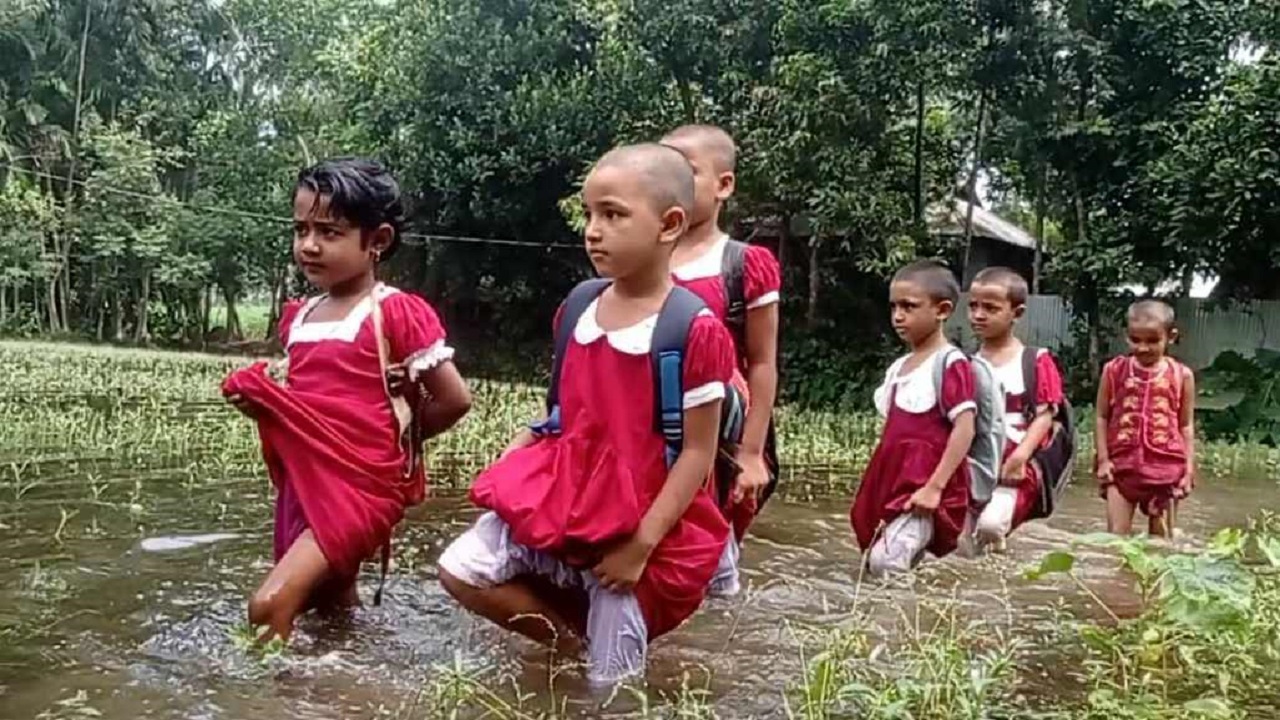 টাঙ্গাইলে পানি মাড়িয়ে স্কুলে আসছে কোমলমতি শিশুরা। ছবি : কালবেলা
