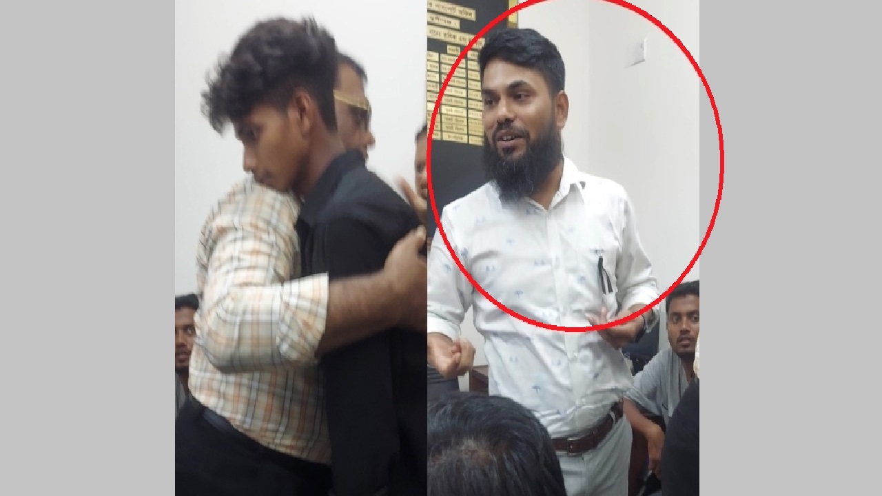মনির মীরকে মারধরের পর কোলাকুলি করে সমঝোতার চেষ্টা। ডানে মারধরকারী এক কর্মকর্তা। ছবি : সংগৃহীত