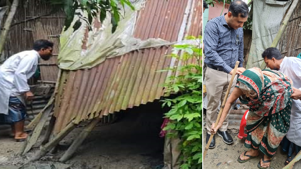 গোলাপজানের ঝুপড়ি ঘর ও এসিল্যান্ডের সঙ্গে গোলাপজান (ডানে)। ছবি : কালবেলা