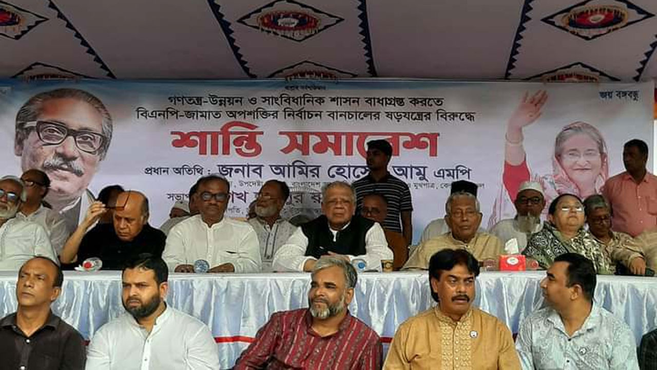 শান্তি সমাবেশে কথা বলছেন আমির হোসেন আমু। ছবি : কালবেলা