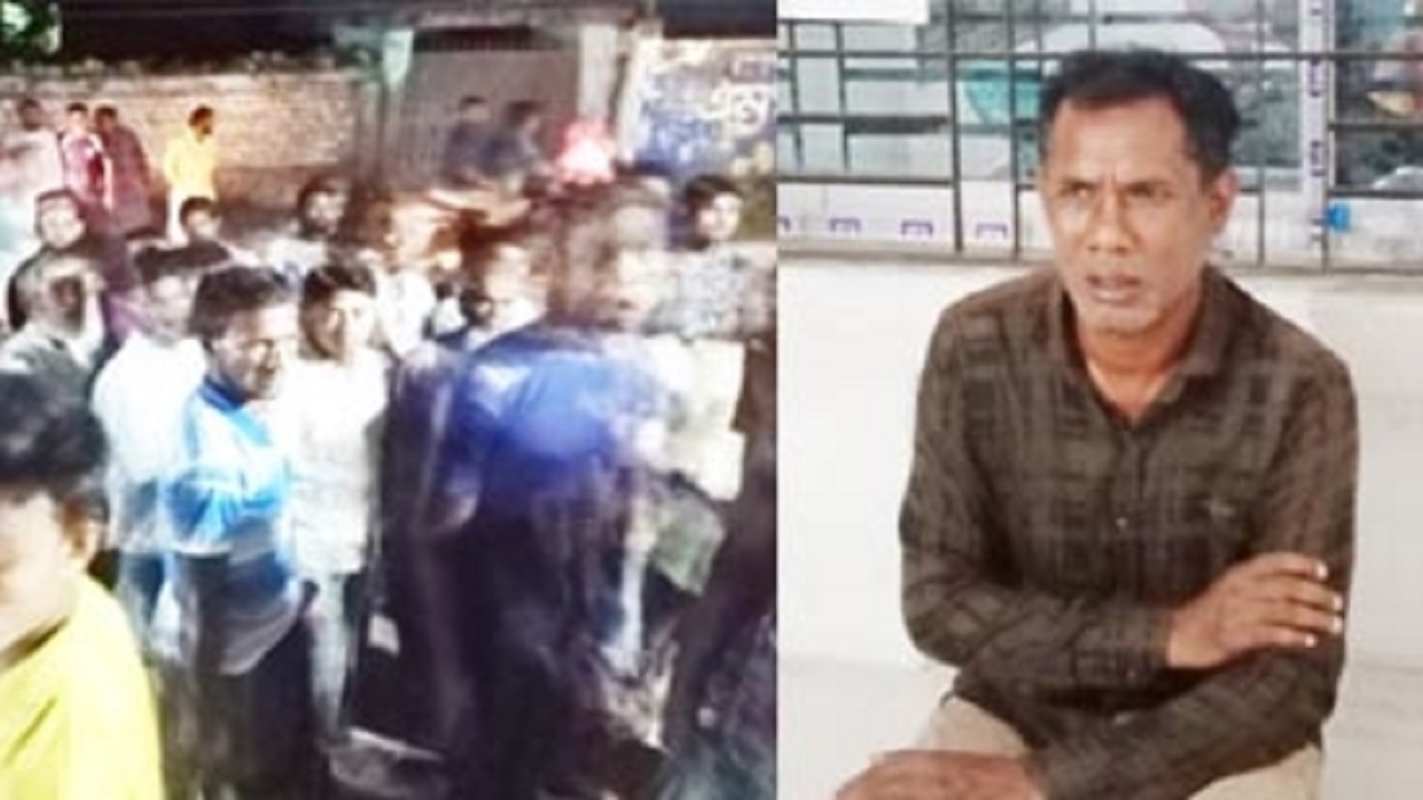 পুলিশ ফাঁড়িতে উৎসুক জনতার ভিড়। ডানে অভিযুক্ত অবসরপ্রাপ্ত সেনা সদস্য মুনসুর আহমেদ। ছবি : সংগৃহীত
