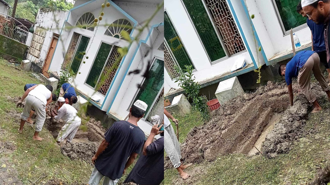 সাঈদী ফাউন্ডেশন মাঠে মসজিদের পাশে খোঁড়া হচ্ছে সাঈদীর কবর। ছবি : সংগৃহীত
