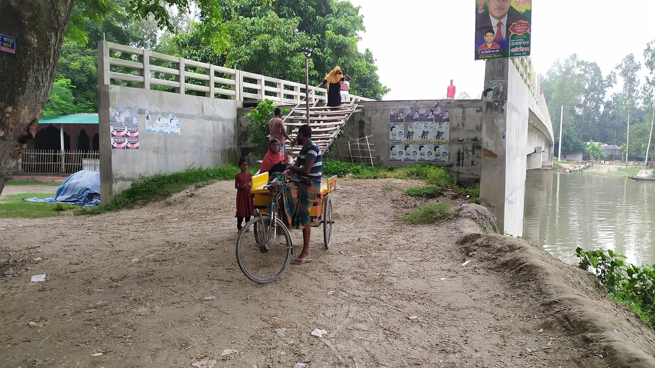 মই বেয়ে সেতু পার হচ্ছেন স্থানীয়রা। ছবি : কালবেলা