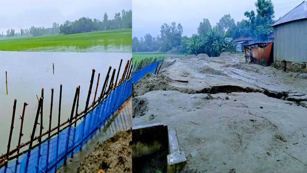 সিরাজগঞ্জে কালভার্টের মুখে দোকান নির্মাণে তলিয়ে গেছে আবাদি জমি। ছবি : সংগৃহীত