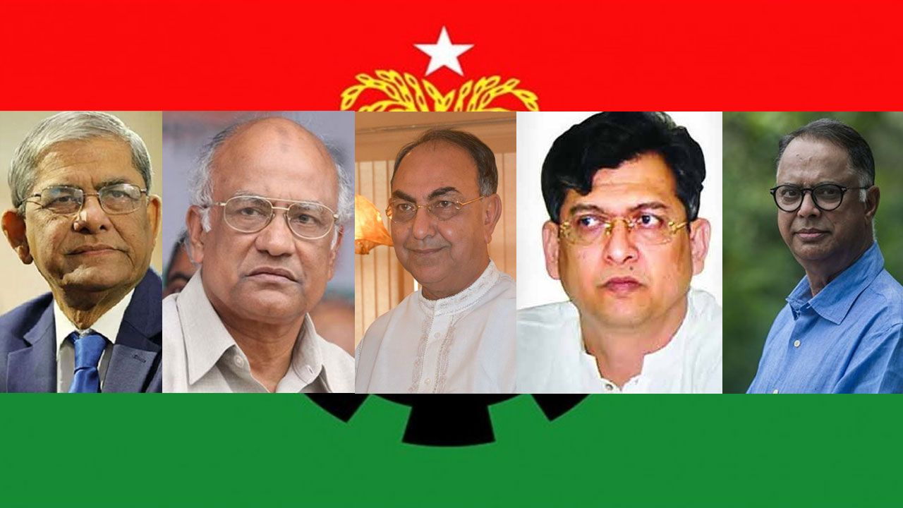 বাঁ থেকে মির্জা ফখরুল ইসলাম আলমগীর, ড. খন্দকার মোশাররফ হোসেন, মির্জা আব্বাস, সালাহ উদ্দিন আহমেদ ও ইকবাল হাসান মাহমুদ টুকু। ছবি : সংগৃহীত