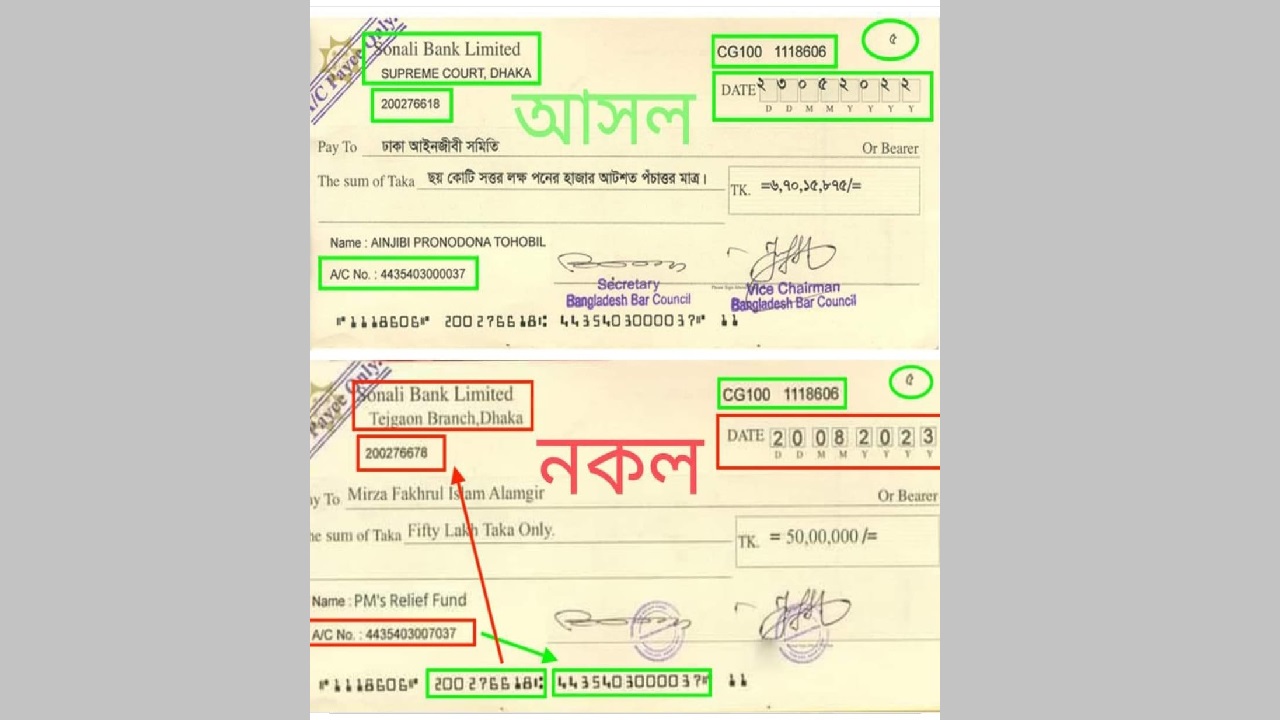 মির্জা ফখরুল ইসলাম আলমগীরের নামে ছড়ানো ভুয়া চেক ও এডিট করা চেকের প্রকৃত ছবি। ছবি : সংগৃহীত