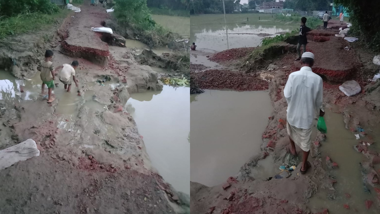 চকরিয়ায় বন্যায় সড়ক লন্ডভন্ড। ছবি : কালবেলা