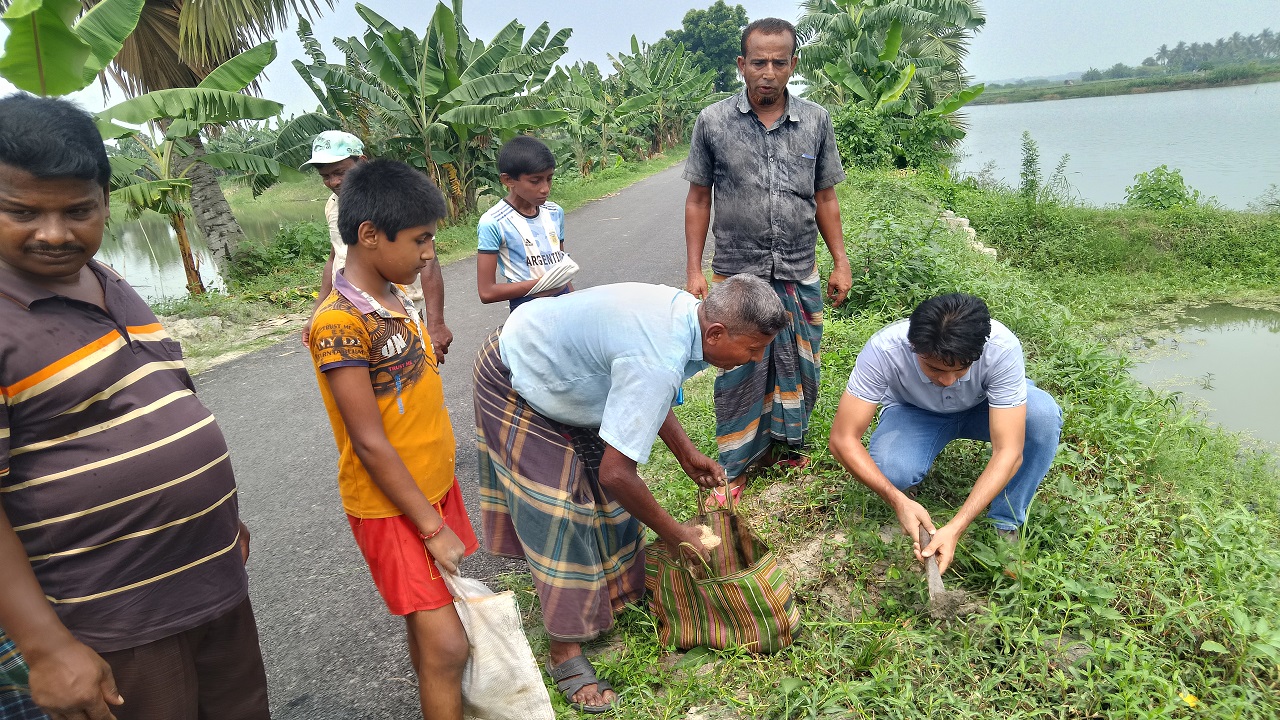 চিত্তরঞ্জন দাসের কার্যক্রম পরিদর্শনে গিয়ে নিজ হাতে তালের বীজ লাগাচ্ছেন ইউএনও কেএম আবু নওশাদ। ছবি : কালবেলা