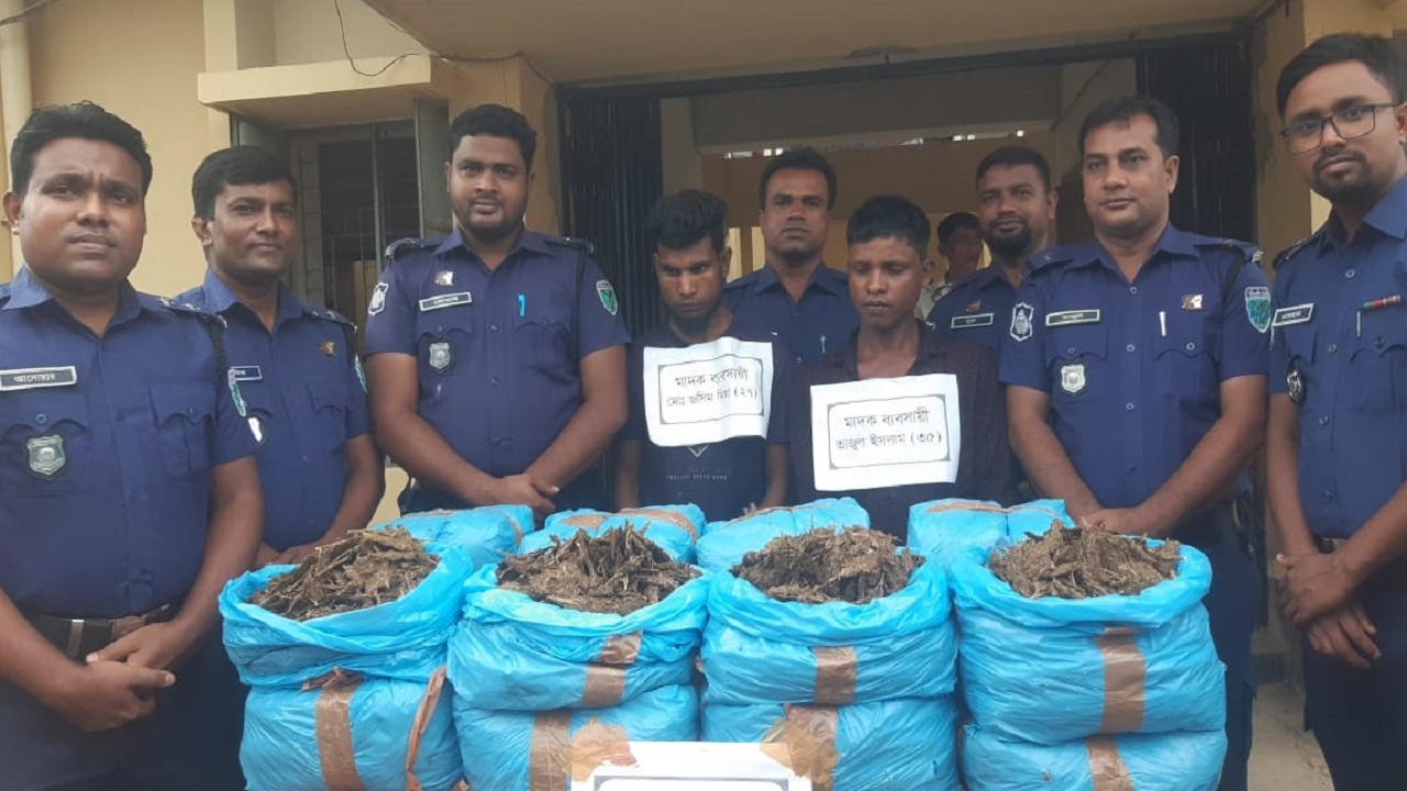জব্দকৃত গাঁজা ও আটক দুই মাদক কারবারিসহ পুলিশ সদস্যরা। ছবি : কালবেলা