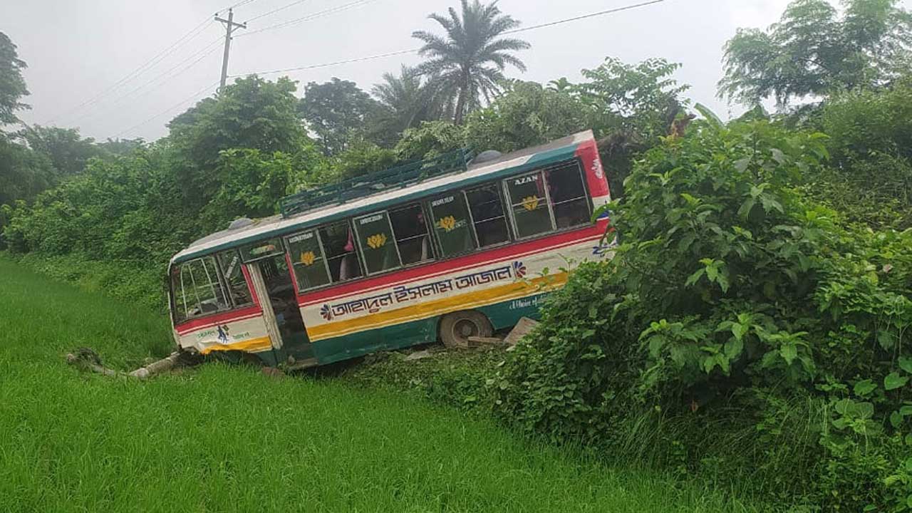 বৈদ্যুতিক খুঁটিতে ধাক্কা লেগে খাদে পড়ে যায় বাস। ছবি : সংগৃহীত