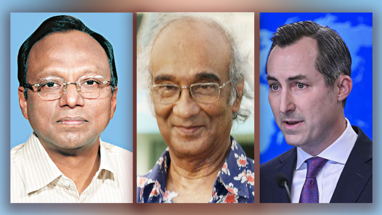 বাঁ থেকে সাংবাদিক মাহমুদুর রহমান, সাংবাদিক শফিক রেহমান ও মার্কিন পররাষ্ট্র দপ্তরের মুখপাত্র ম্যাথিউ মিলার। ছবি : সংগৃহীত