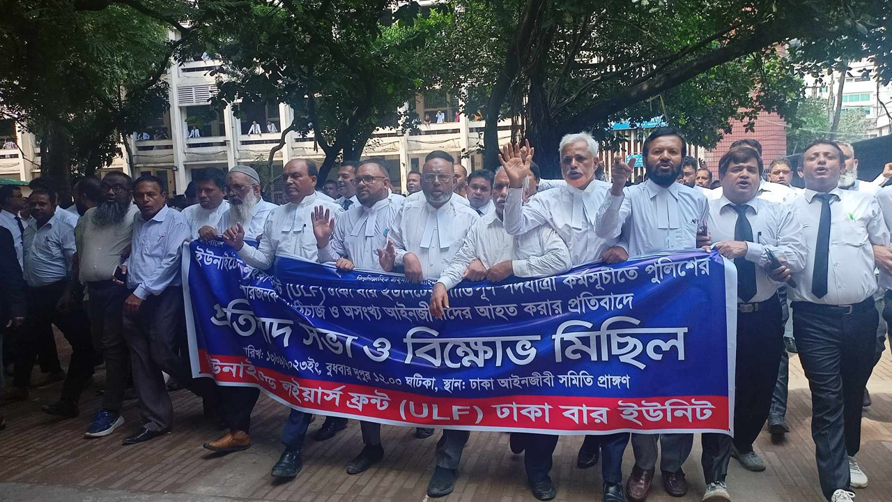বিএনপিপন্থি আইনজীবীদের পদযাত্রায় পুলিশের হামলার প্রতিবাদে বিক্ষোভ মিছিল। ছবি : কালবেলা
