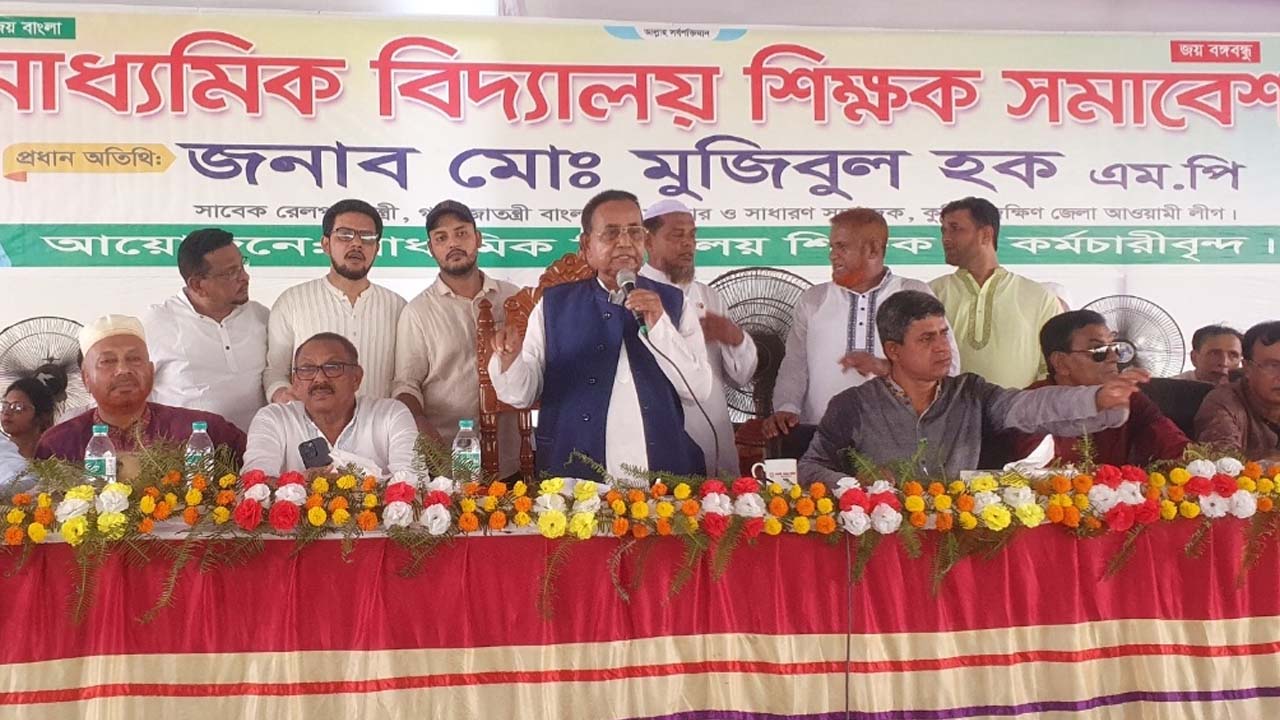 চৌদ্দগ্রামে শনিবার শিক্ষক সমাবেশে বক্তব্য দেন সাবেক রেলমন্ত্রী মো. মুজিবুল হক। ছবি : কালবেলা
