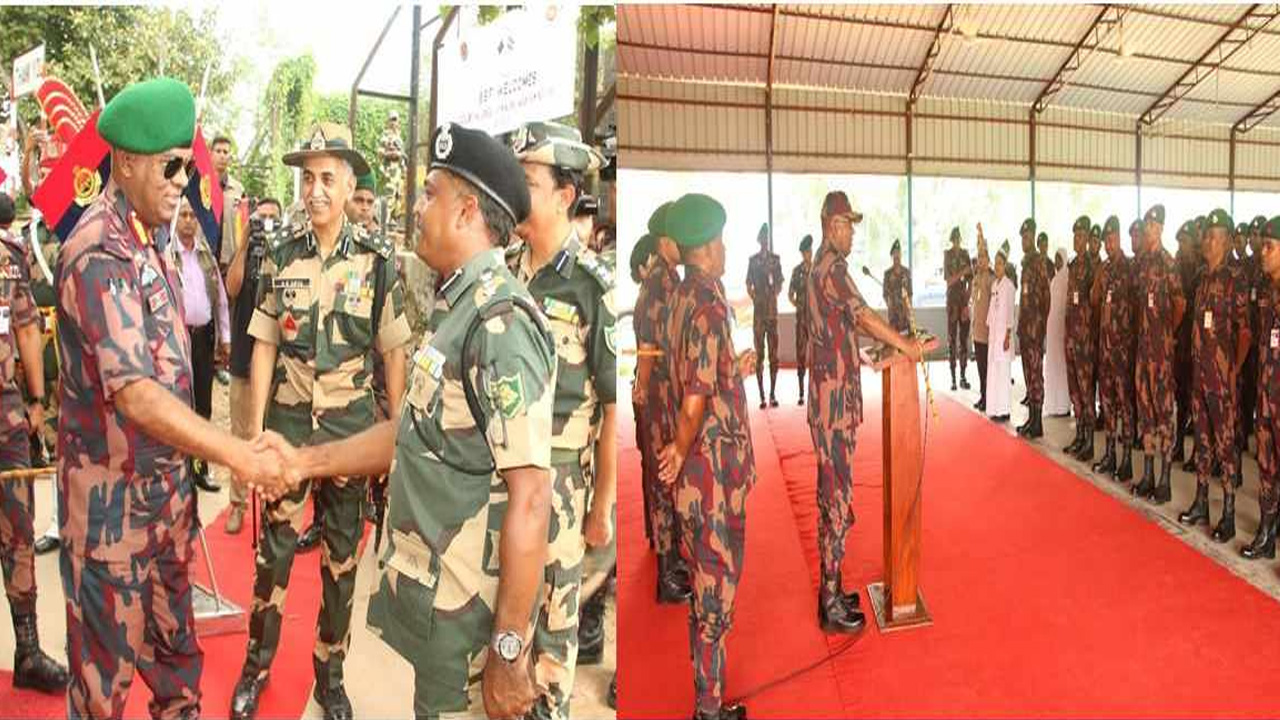 সীমান্ত এলাকা পরিদর্শনের সময় দায়িত্বরত বিজিবি সদস্যদের সঙ্গে মতবিনিময় করেন মহাপরিচালক মেজর জেনারেল এ কে এম নাজমুল হাসান। ছবি : সৌজন্য