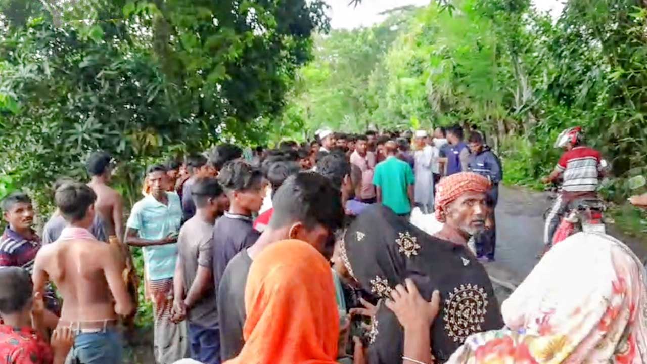 ট্রাকের চাকায় পিষ্ট ভ্যানচালকে মরদেহ দেখতে ও ঘটনাস্থলে স্থানীয়দের ভিড়। ছবি : কালবেলা