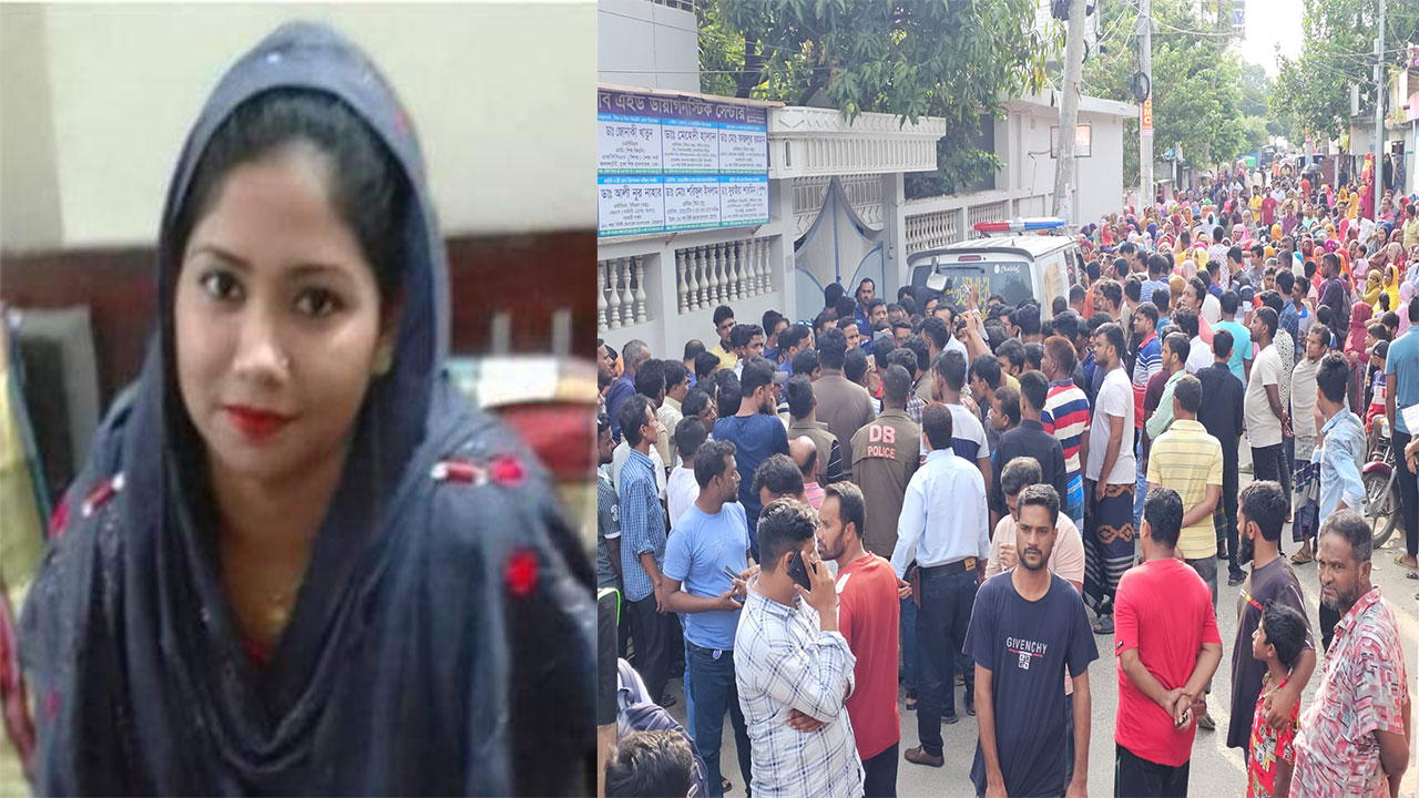বাম থেকে মৃত স্বর্ণালী খাতুন ও হাসপাতাল ঘেরাওকারী সাধারণ জনগণ। ছবি: কালবেলা