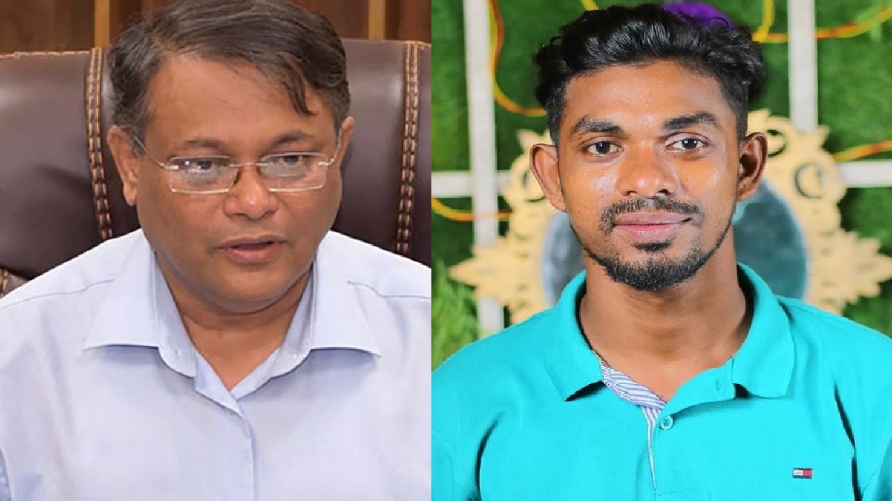 বিষপান করা ছাত্রলীগ নেতার পাশে তথ্যমন্ত্রী ড. হাছান মাহমুদ। ছবি : কালবেলা