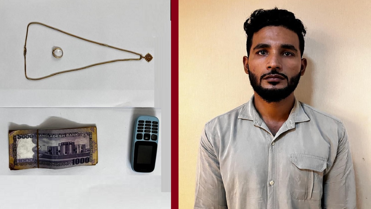 বামে উদ্ধার করা নগদ টাকা ও স্বর্ণালঙ্কার, ডানে গ্রেপ্তার হওয়া লিটন। ছবি : সংগৃহীত