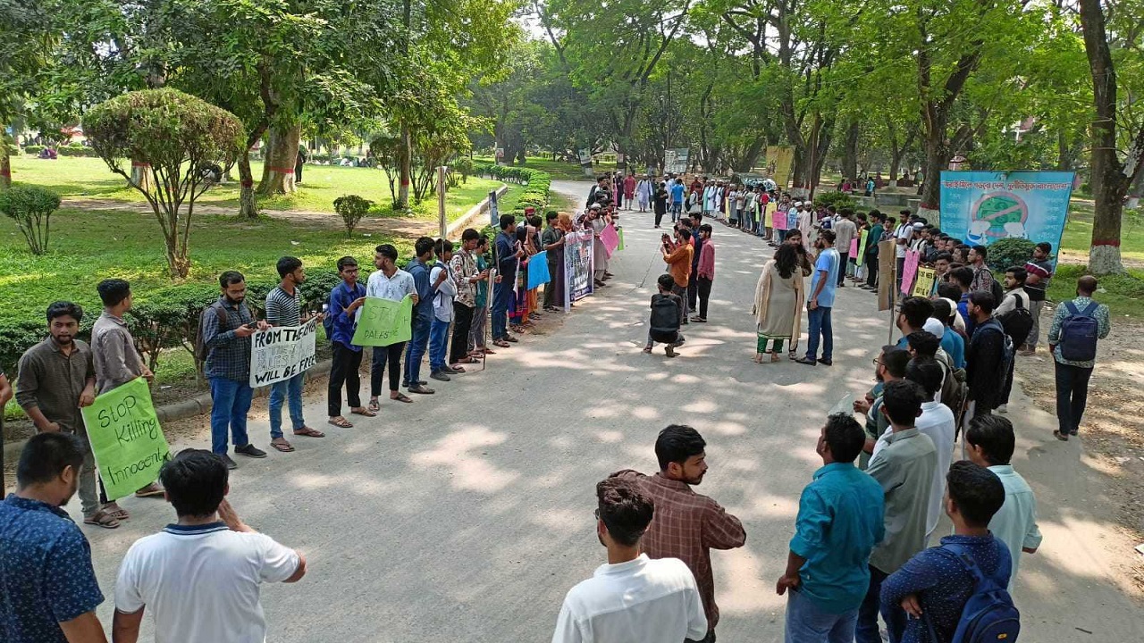 ইবির ডায়না চত্বরে মানববন্ধন কর্মসূচি পালন করছেন শিক্ষার্থীরা। ছবি : কালবেলা