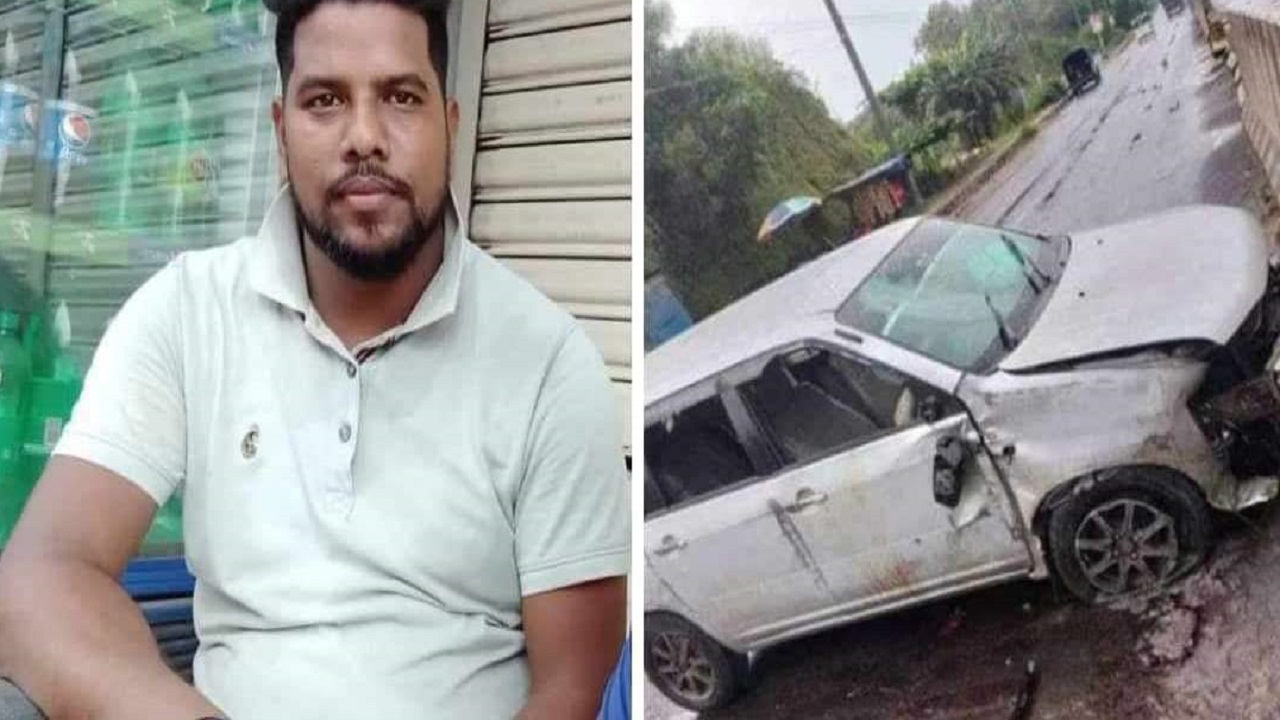 চালক সোহেল (বায়ে) ও দুর্ঘটনা কবলিত প্রাইভেটকার। ছবি : সংগৃহীত