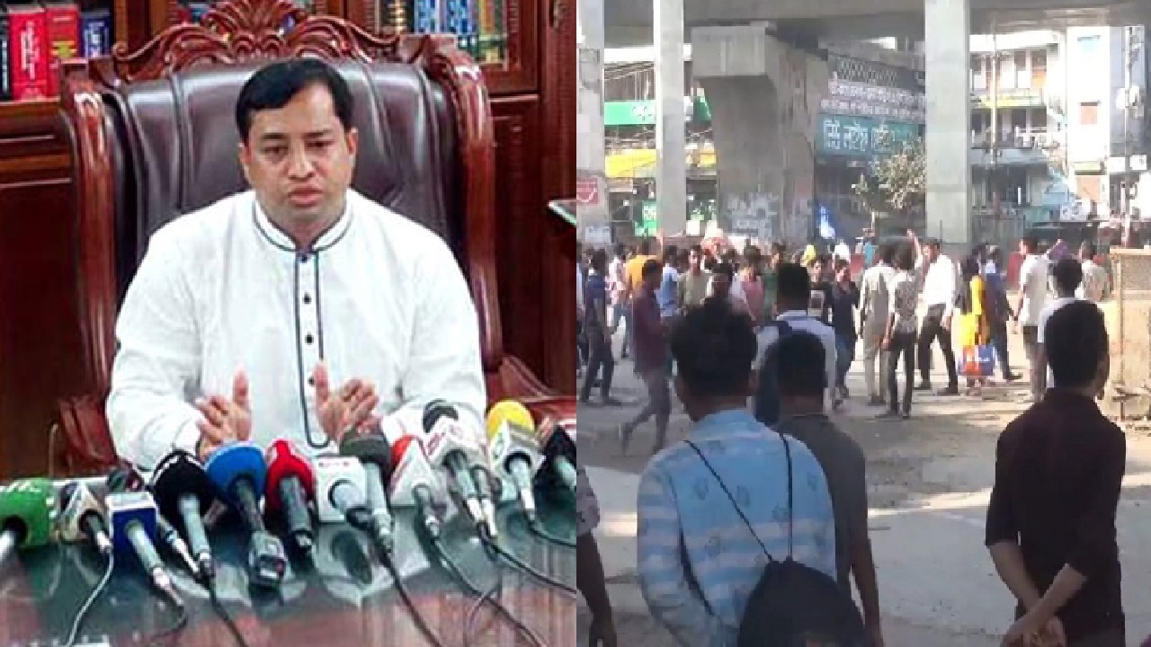 সাবেক মেয়র জাহাঙ্গীর আলম (বায়ে), বিক্ষুব্ধ পোশাক শ্রমিকরা। ছবি : সংগৃহীত