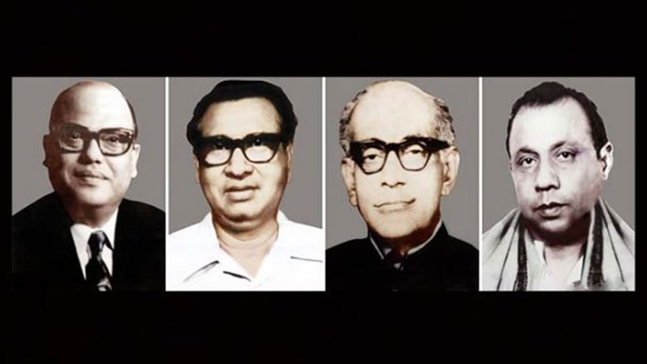 বাঁ থেকে সৈয়দ নজরুল ইসলাম, তাজউদ্দীন আহমদ, এম মনসুর আলী ও এএইচএম কামরুজ্জামান