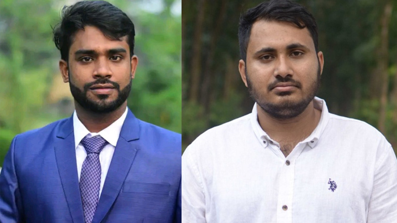 পবিপ্রবি সাংবাদিক সমিতির সভাপতি শাহিন (বামে) ও সাধারণ সম্পাদক সাব্বির (ডানে)। ছবি : কালবেলা