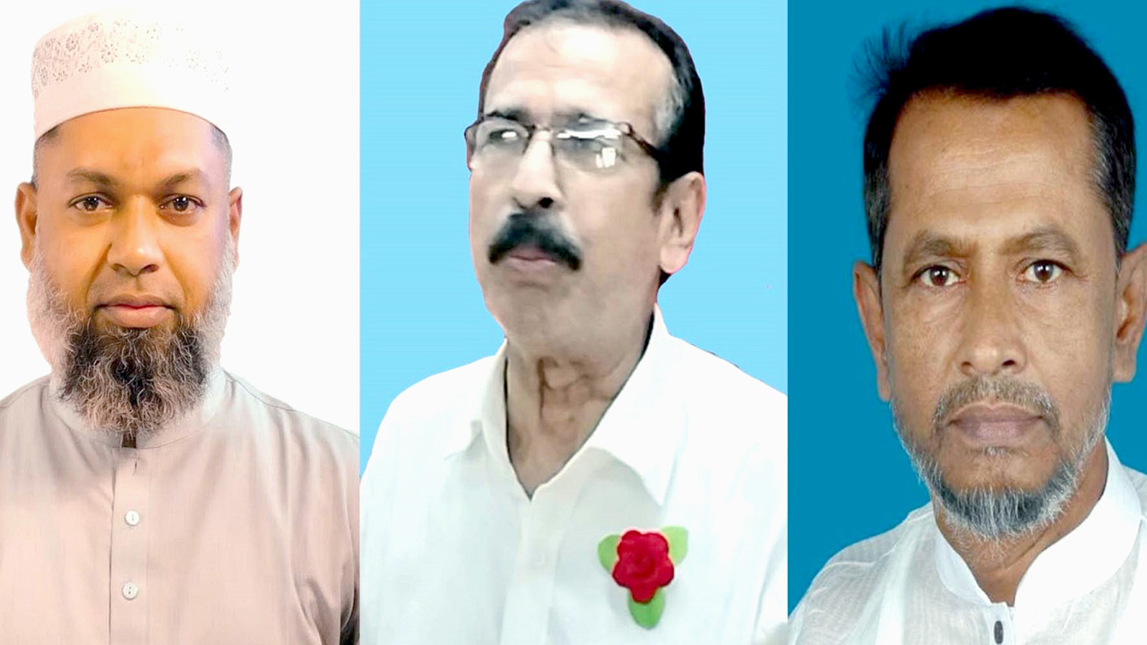 রাকিব হোসেন (লাঙ্গল), সামছুল করিম খোকন (গোলাপ ফুল) ও সেলিম মাহমুদ (আম)। ছবি : কালবেলা