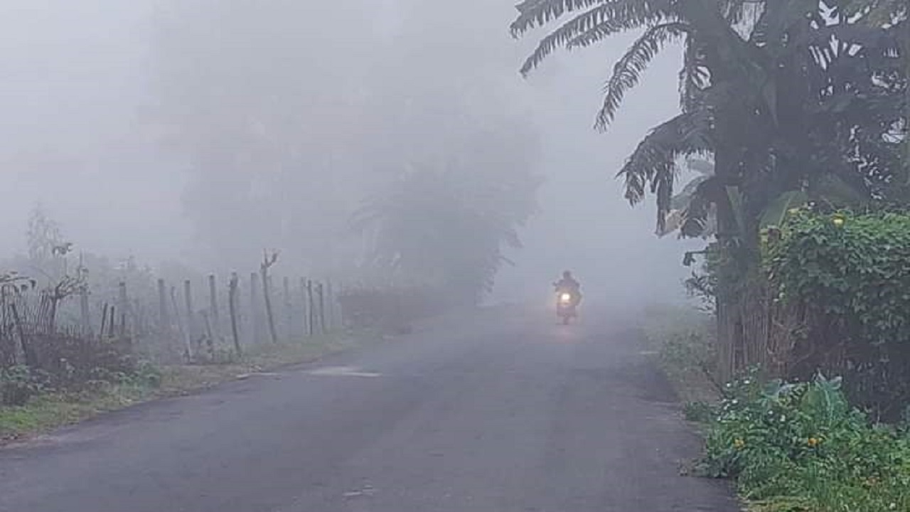 কুয়াশায় হেডলাইট জ্বালিয়ে সড়কে চলছে মোটরসাইকেল। ছবি : কালবেলা