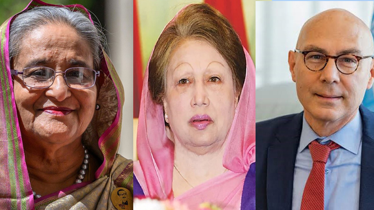 প্রধানমন্ত্রী শেখ হাসিনা, বিএনপি চেয়ারপারসন খালেদা জিয়া ও জাতিসংঘের মানবাধিকারবিষয়ক প্রধান ভলকার তুর্ক। ছবি : সংগৃহীত