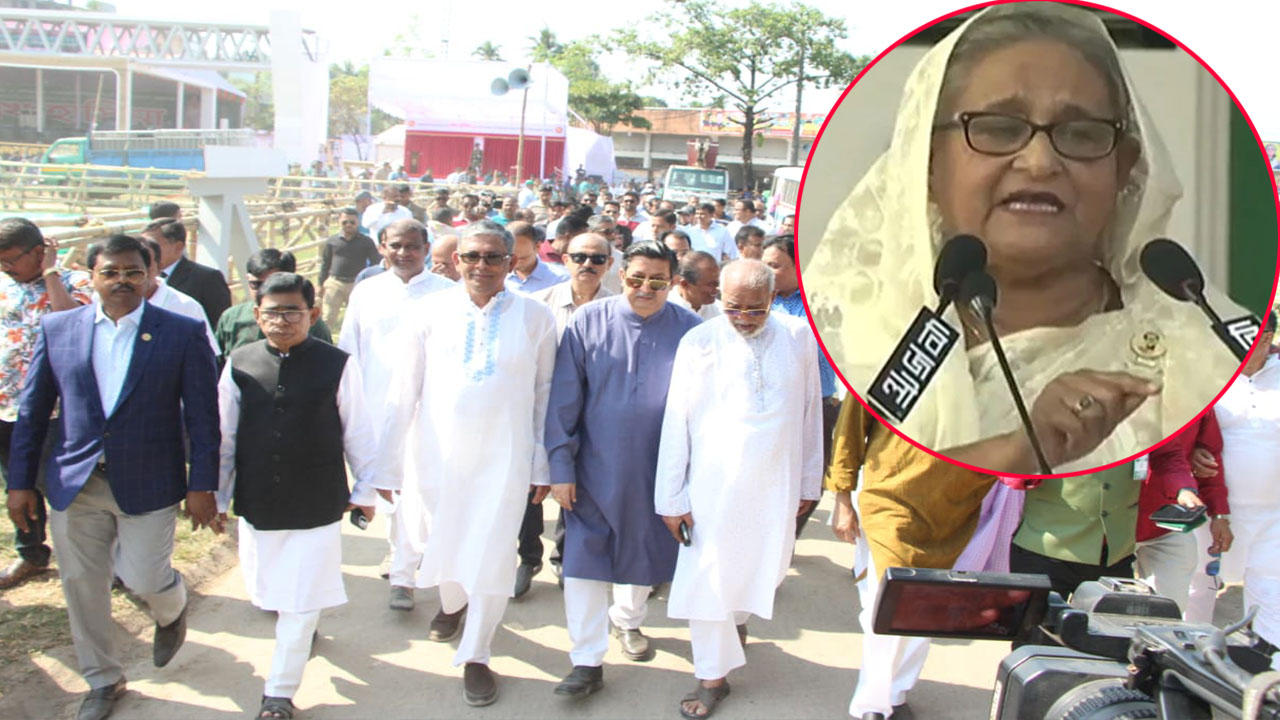 জনসভাস্থল পরিদর্শনে আওয়ামী লীগের কেন্দ্রীয় নেতারা। ইনসেটে প্রধানমন্ত্রী। ছবি : কালবেলা।