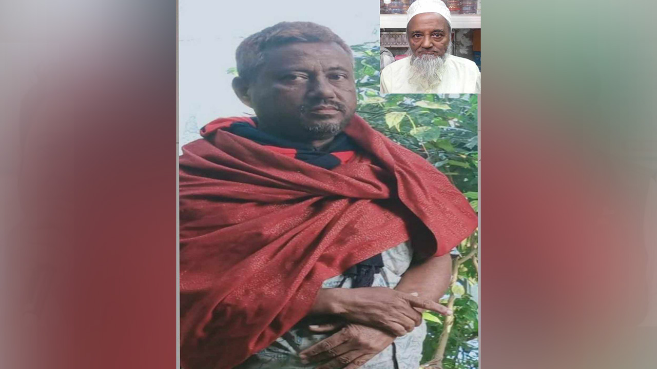 মুদি দোকানি বোরহান। ইনসেটে প্রয়াত আব্দুল খালেক। ছবি : কালবেলা