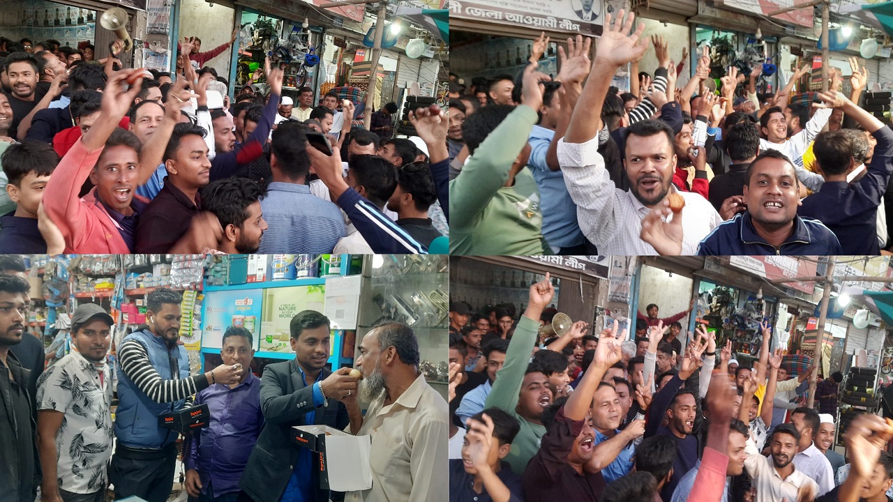 নোয়াখালীতে একরামের পক্ষে মিষ্টি বিতরণের খণ্ডচিত্র। ছবি : কালবেলা