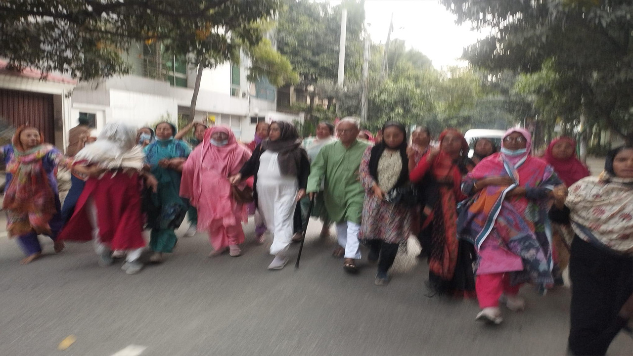 রাজধানীর উত্তরায় মিছিল ও পিকেটিং করেছে জাতীয়তাবাদী মহিলা দল। ছবি : কালবেলা