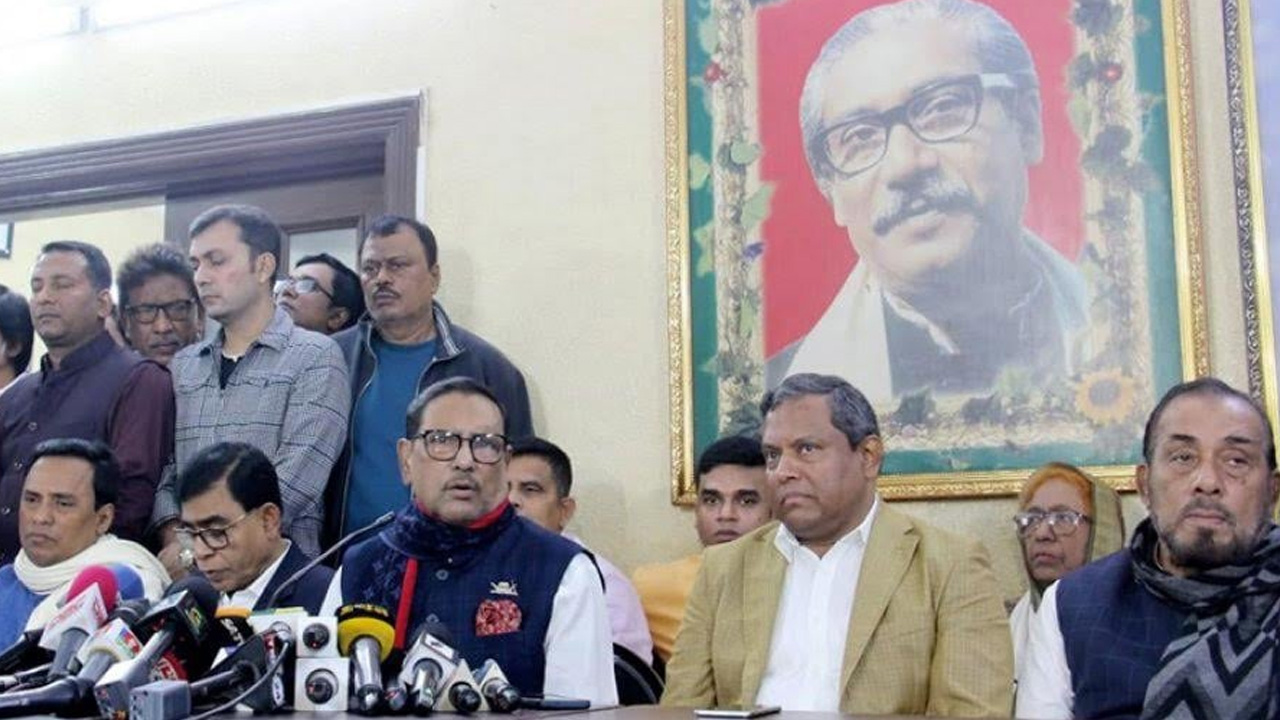 ধানমন্ডিস্থ আওয়ামী লীগ সভাপতি শেখ হাসিনার রাজনৈতিক কার্যালয়ে সংবাদ সম্মেলনে বক্তব্য দেন ওবায়দুল কাদের। ছবি : সংগৃহীত