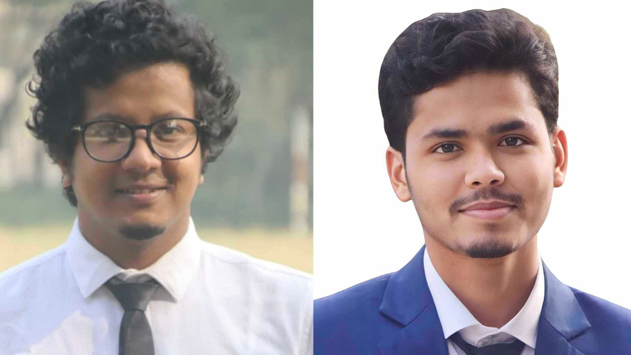 ইবি সাংবাদিক সমিতির সভাপতি শাহেদুল (বামে) ও সাধারণ সম্পাদক তাজমুল হক জায়িম (ডানে)। ছবি : কালবেলা