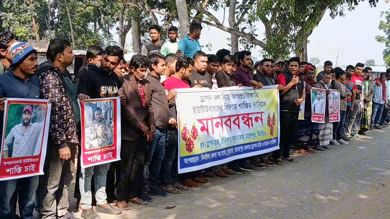 ড্রাগন ফল নিয়ে ইউটিউবে অপপ্রচারকারীদের শাস্তির দাবিতে ঝিনাইদহে মানববন্ধন করেন ড্রাগন ব্যবসায়ী ও চাষিরা। ছবি : কালবেলা